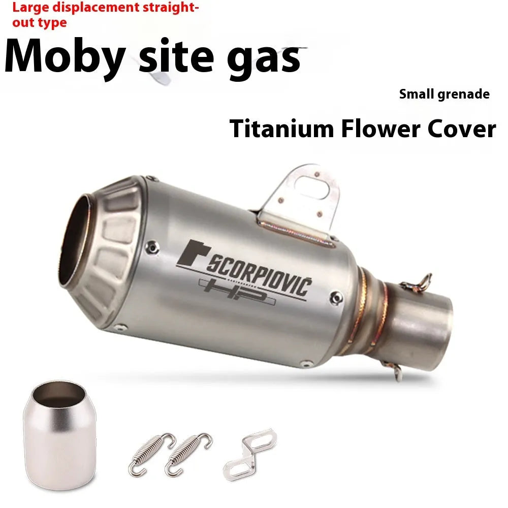 Universal stainless steel motorcycle exhaust pipe with decorative flower cover in black, titanium, half blue, or colourful finish