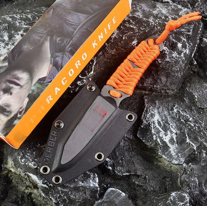 Outdoor survival knife with straight blade, rope-bound handle, and black ABS sheath on grey background