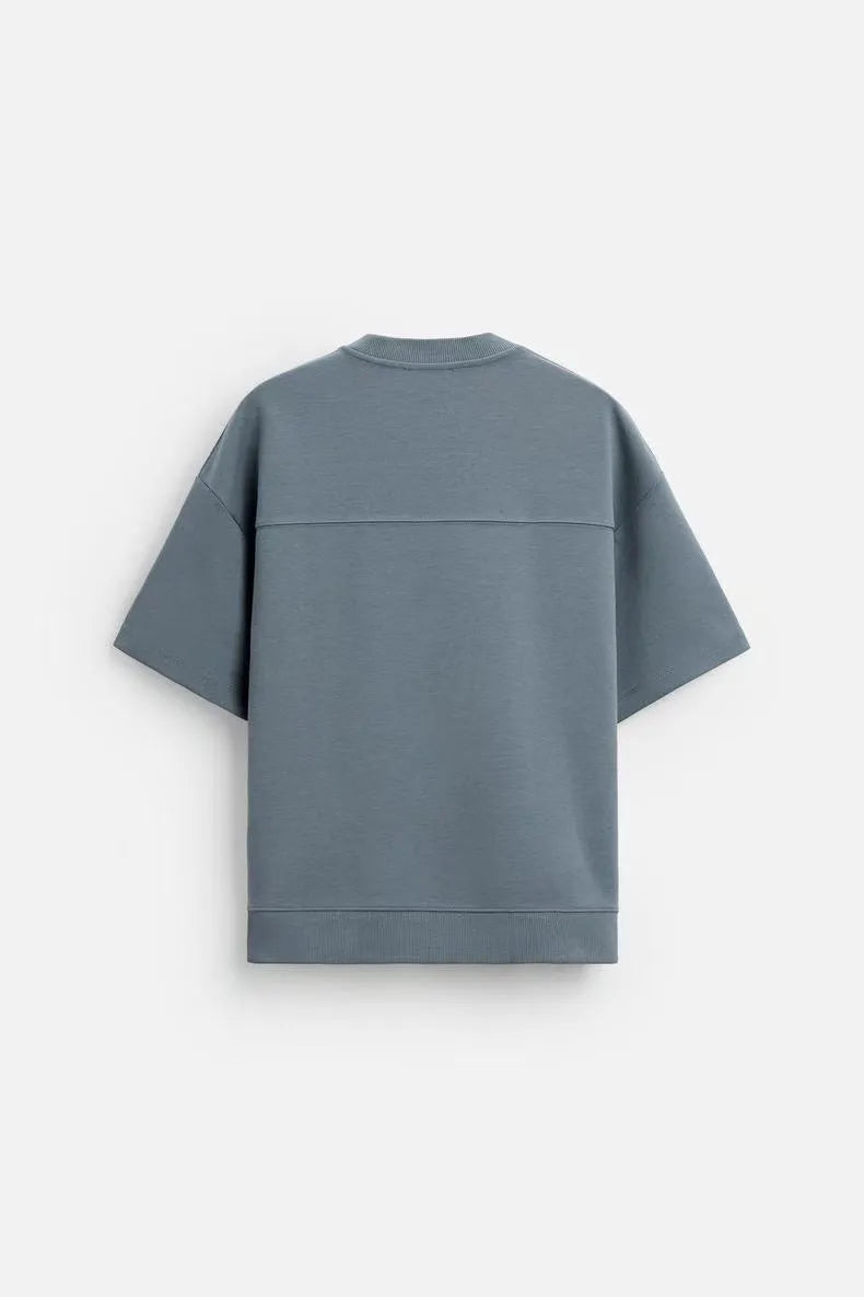 Loose double-sided cloth texture short sleeve set with round collar and matching shorts in blue colour