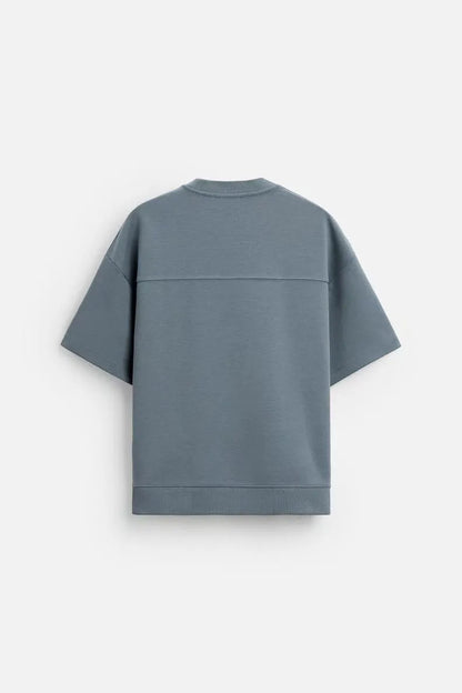 Loose double-sided cloth texture short sleeve set with round collar and matching shorts in blue colour