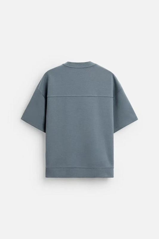 Loose double-sided cloth texture short sleeve set with round collar and matching shorts in blue colour
