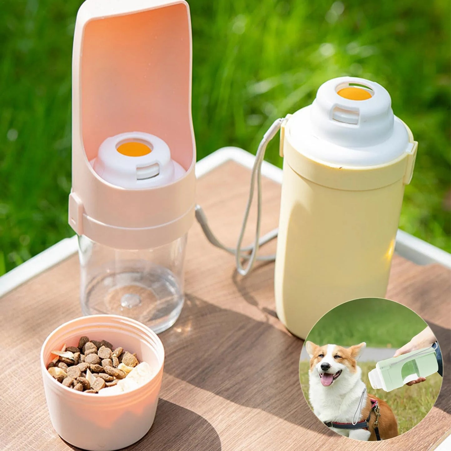 Grey 2-in-1 travel dog water bottle with lanyard showing folding design and 690ml capacity