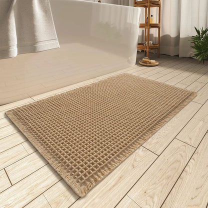 Checkered pattern non-slip bathroom carpet in beige colour with woven polyester construction