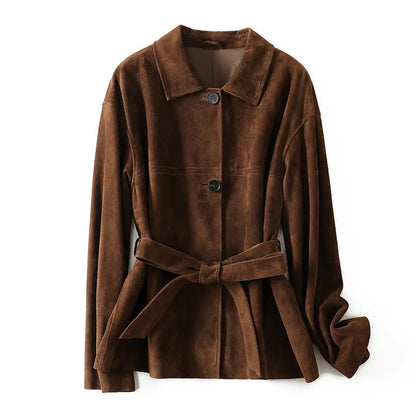 Yellow brown cashmere coat with Peter Pan collar and leather stitching details, belt at waist