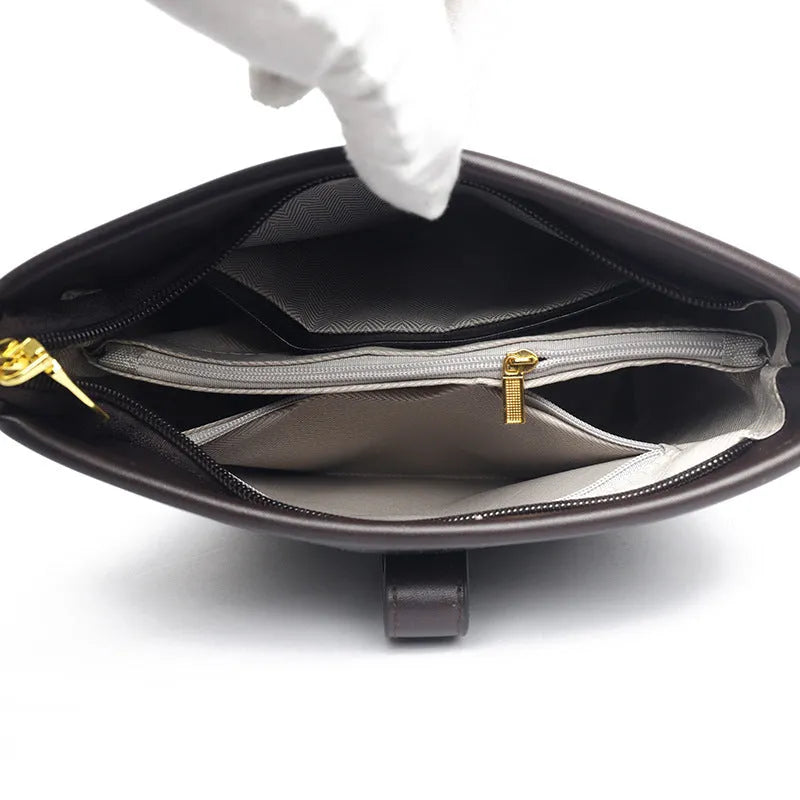 Korean-style soft PU bucket bag in black with double shoulder straps and organisational compartments