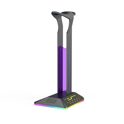 RGB headphone bracket with dual USB ports and colour changing LED lighting on acrylic stand