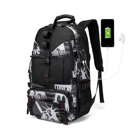 Men's black waterproof Oxford cloth hiking backpack with air pillow shoulder straps showing 56-75L capacity