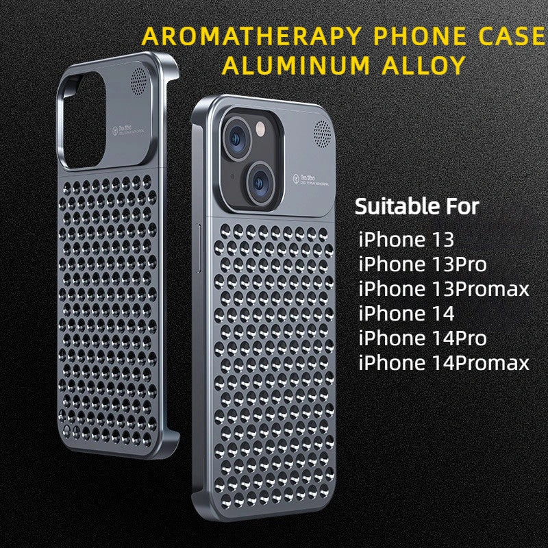 Aluminum alloy iPhone case with hollow design for heat dissipation and built-in aromatherapy tablet