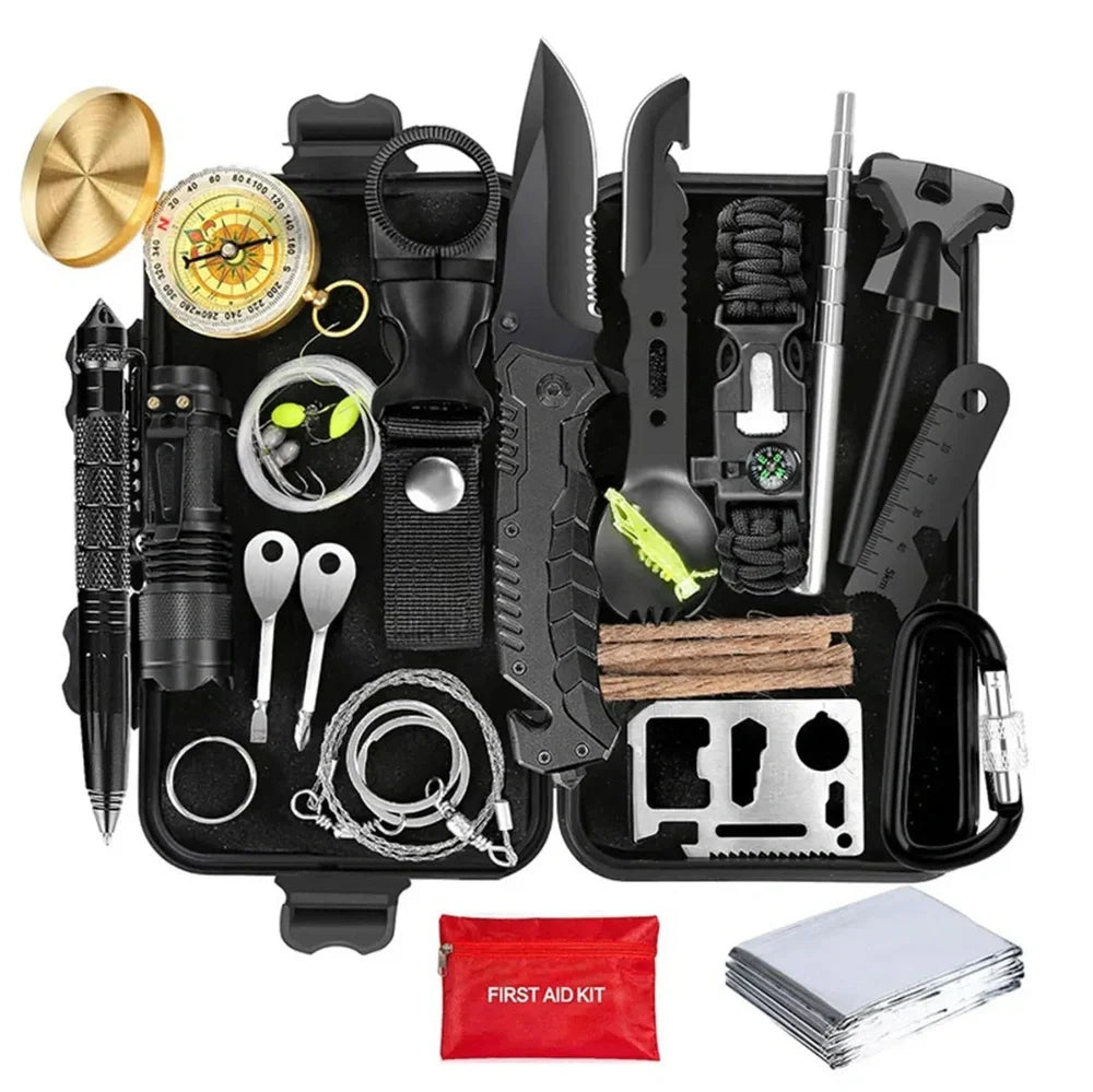 Outdoor survival kit with alloy multi-tool, emergency whistle, compass, and tools in waterproof plastic case