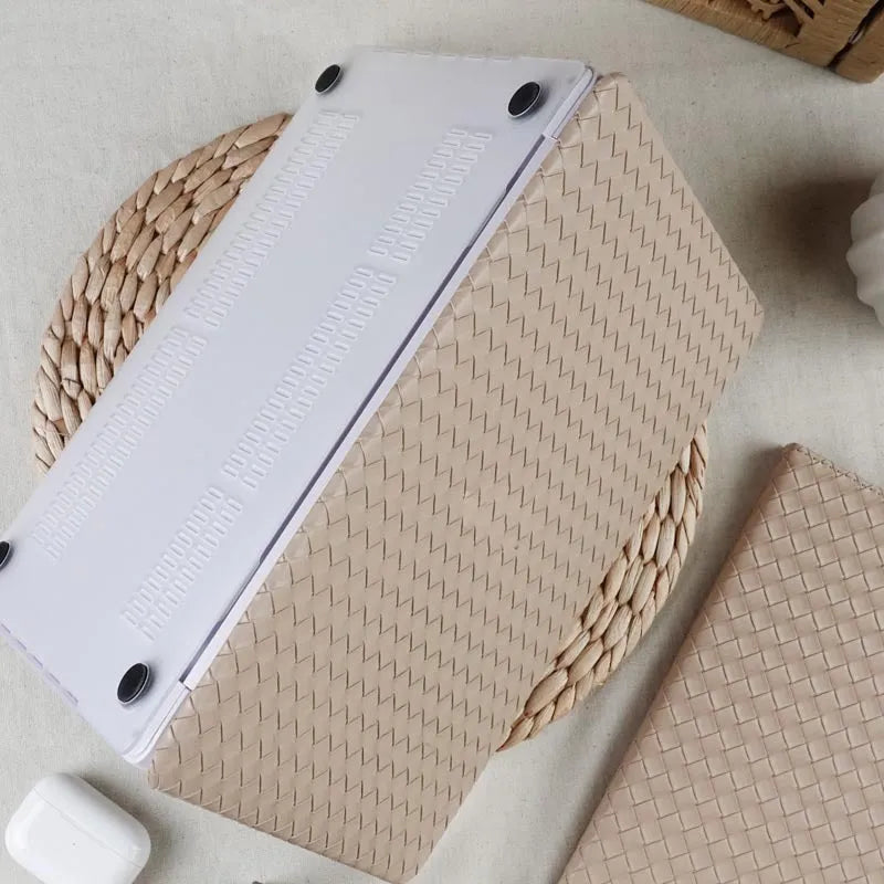 Milk tea colour leather woven laptop case for MacBook Air and Pro, model-specific protective shell.