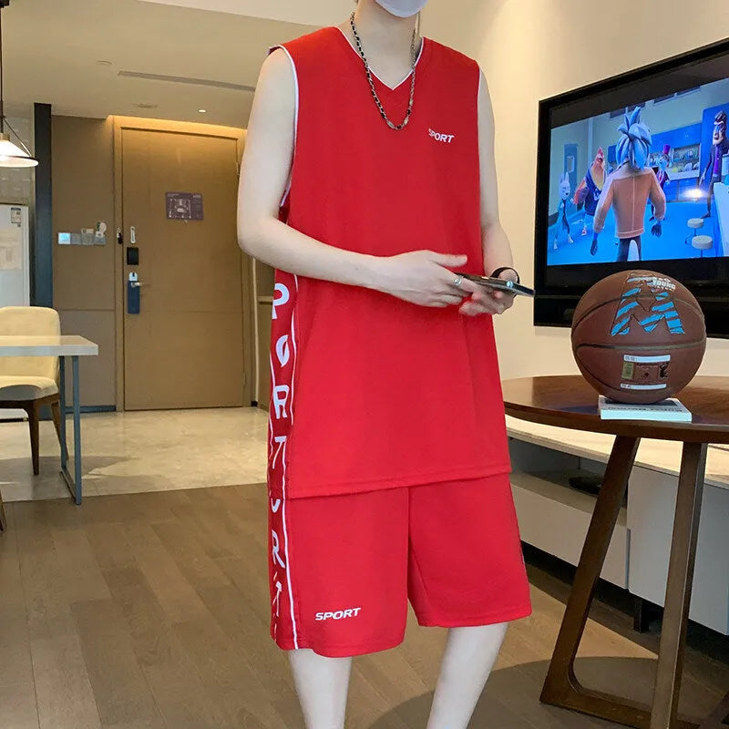 Men's thin polyester basketball sports suit consisting of a sleeveless vest and short pants on a hanger.