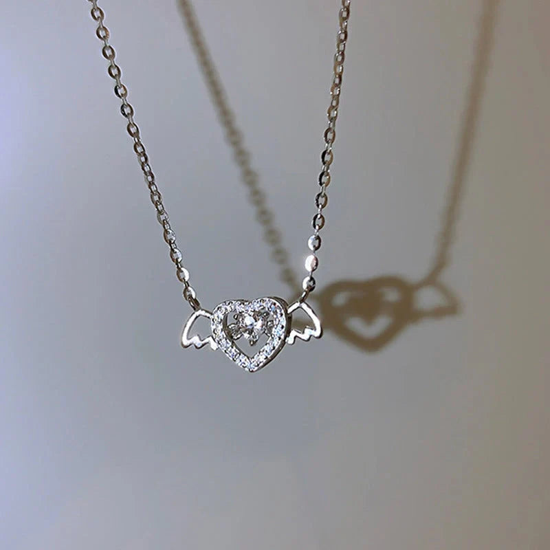 Gothic Heart Crown Angel Wings Pendant Necklace for women featuring a unique design with crystal inlays.