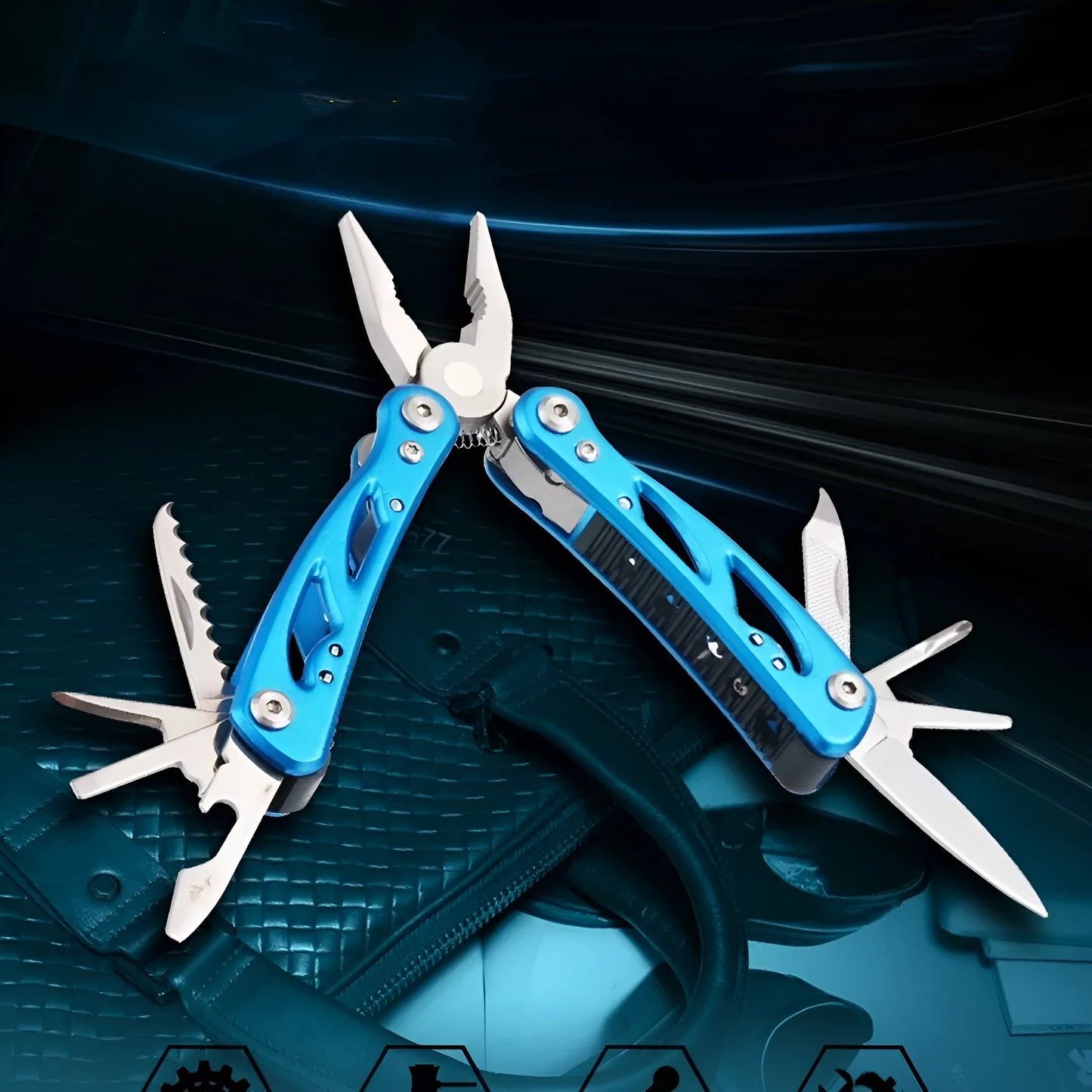 Blue folding multi-function pliers with fruit knife showing compact 7cm folded size