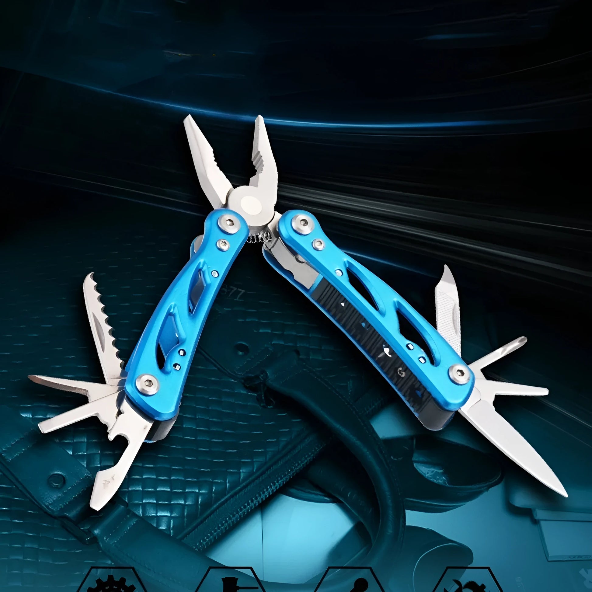 Blue folding multi-function pliers with fruit knife showing compact 7cm folded size