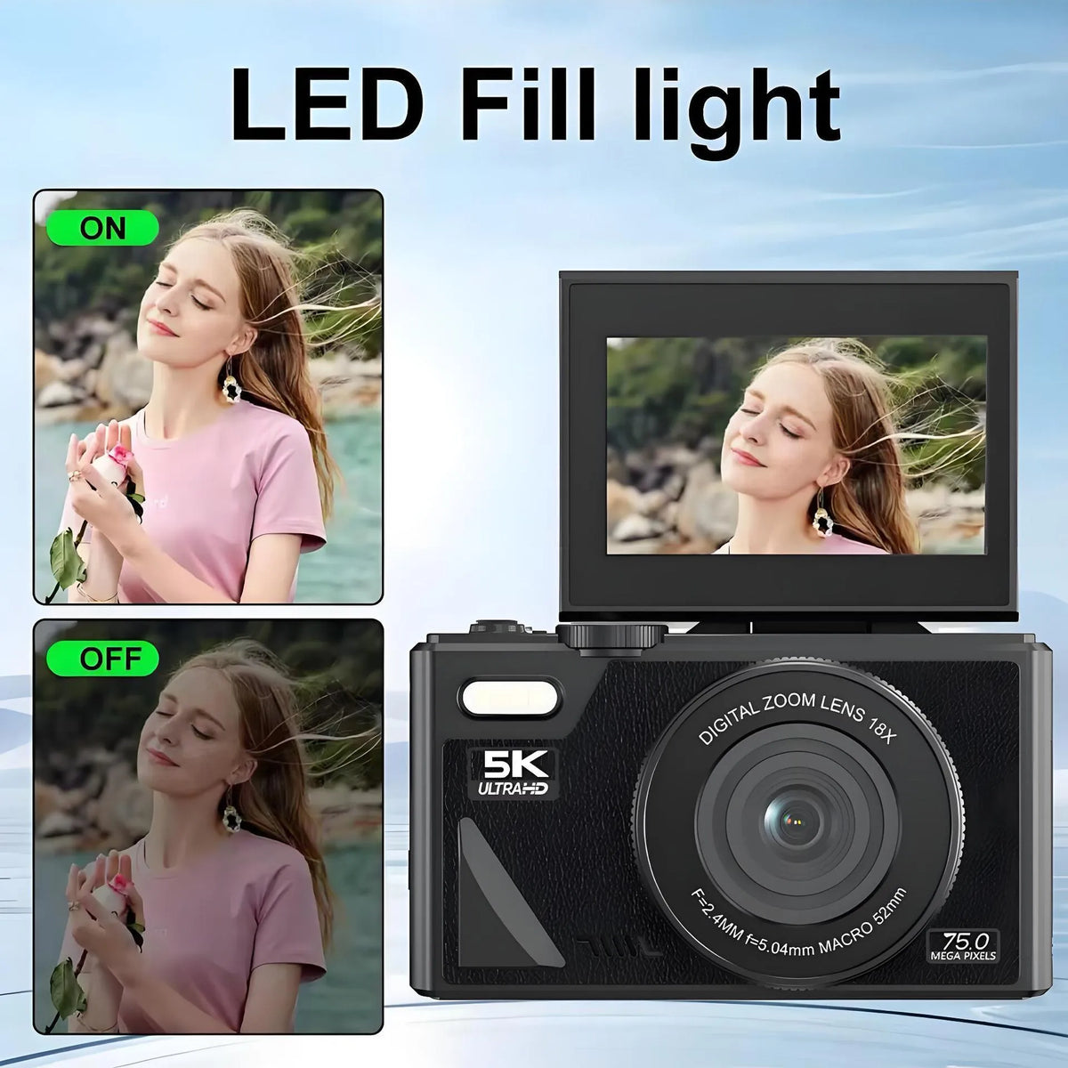 Compact CCD digital camera with Full HD screen and WiFi transmission, 11.5cm x 4.6cm x 6.95cm, in black, pink or white.