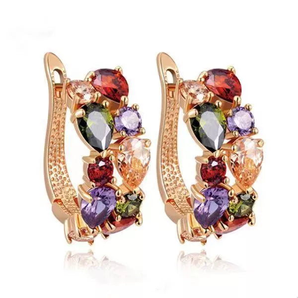 Colorful diamond crystal zircon ear clips for women, drop-shaped design with electroplated finish.