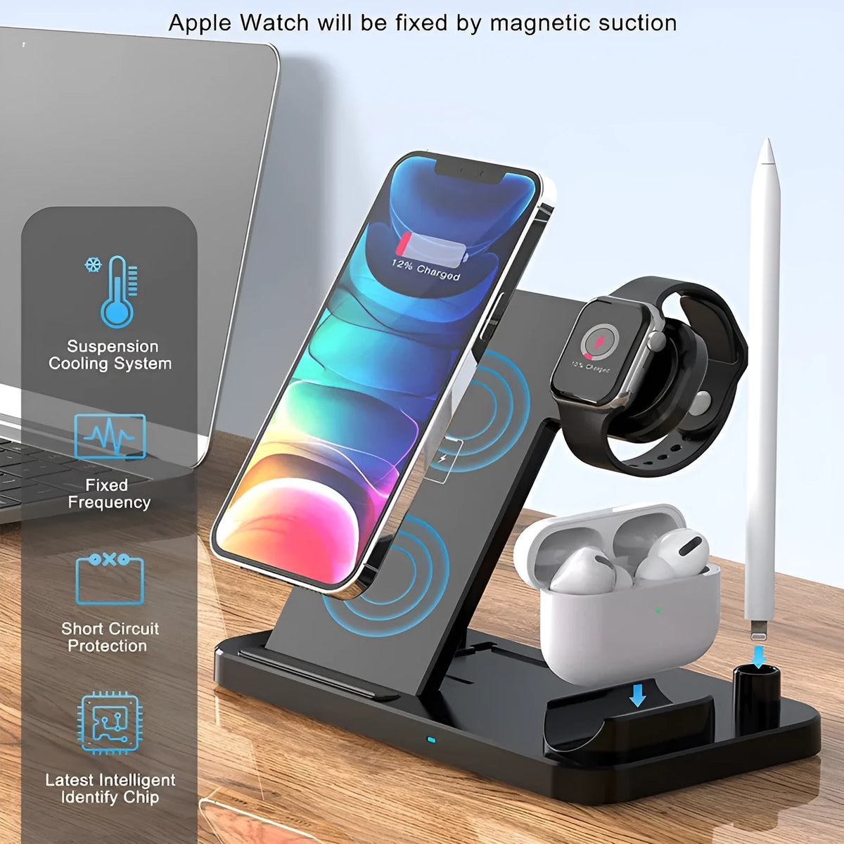 Black four-in-one wireless mobile phone charger with QC3.0 charging head