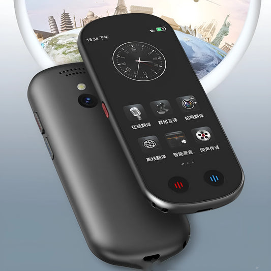Black multi-language simultaneous interpretation translator device with lanyard and charging cable.