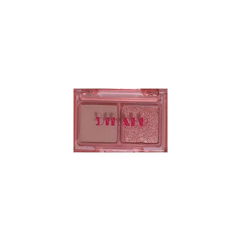 DIKALU two-colour eye shadow compact open, showing a matte and a shimmer shade split down the middle.