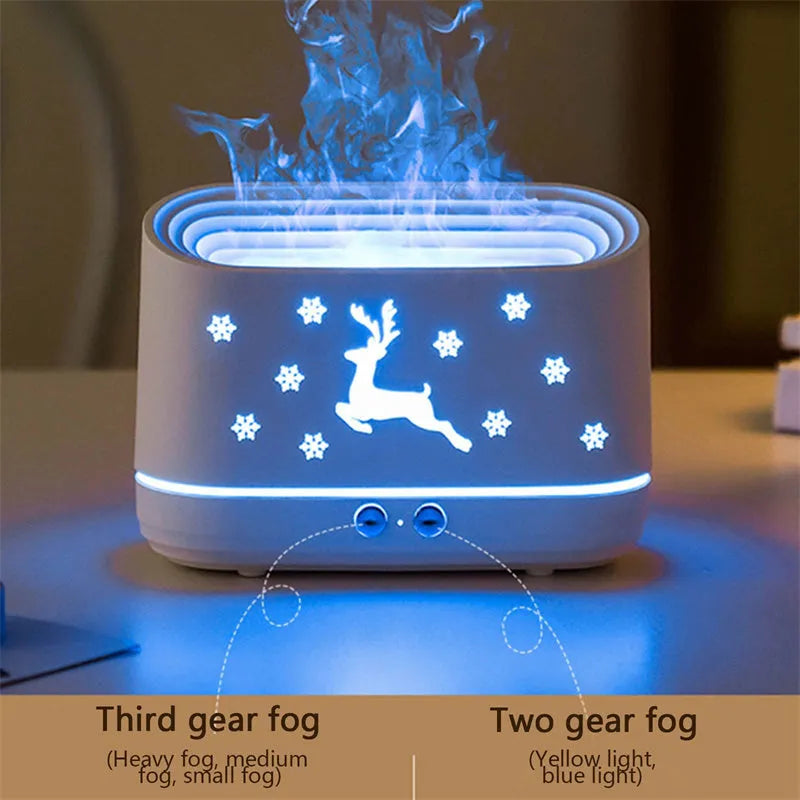 White Elk Flame humidifier diffuser with Christmas pattern and glowing adjustable flame effect.