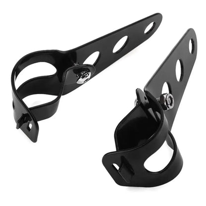 Black iron motorcycle headlamp support bracket pair for fork tube mounting
