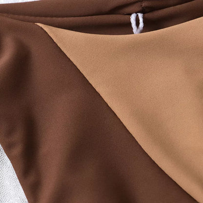 Solid color double-layer fabric split swimsuit in green and coffee, ideal for active women