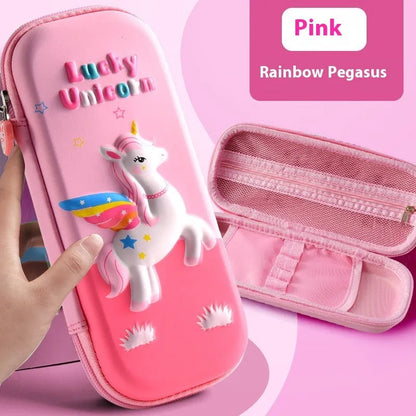 Leather 3D pencil case showing design themes: dinosaur, astronaut, mermaid, unicorn, and spaceship.