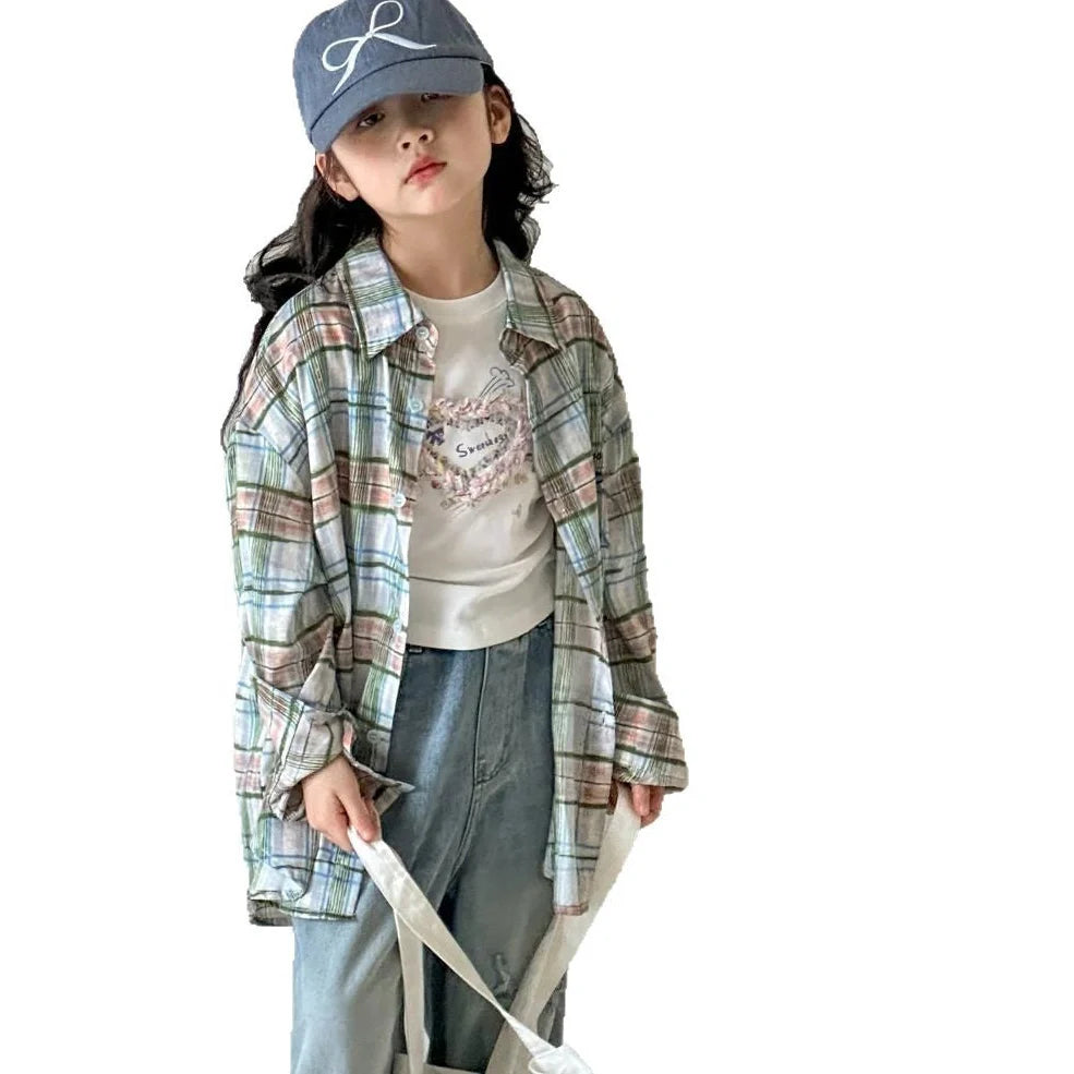 Blue plaid shirt for girls with long sleeves, suitable for spring and autumn wear