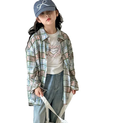 Blue plaid shirt for girls with long sleeves, suitable for spring and autumn wear