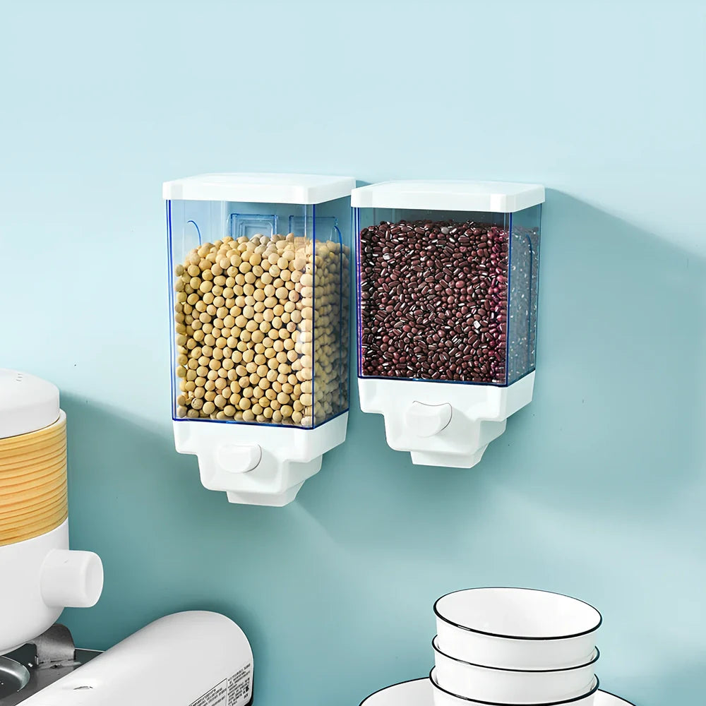 White wall mounted food storage containers with irregular shapes and airtight lids in three sizes