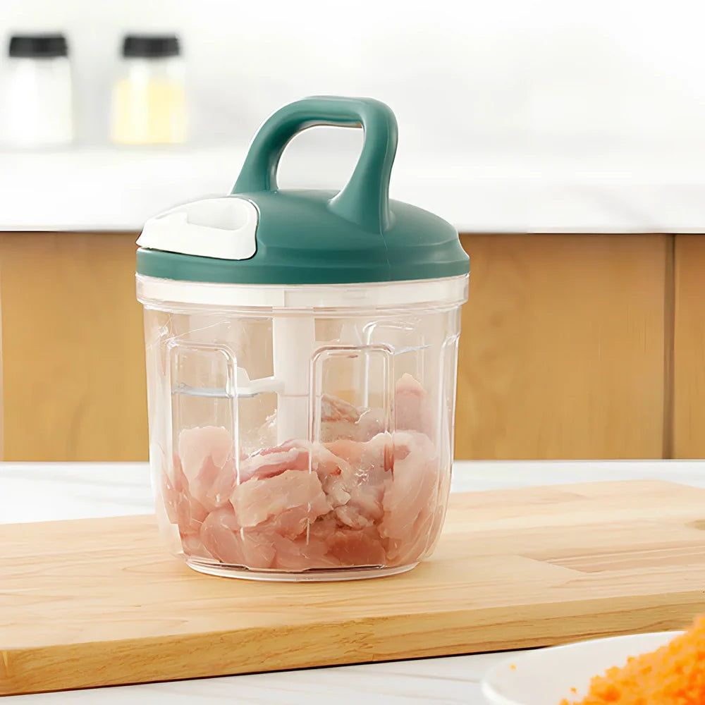 Gray household kitchen vegetable chopper with 200ml capacity and stainless steel blades measuring 10.5cm × 9.5cm