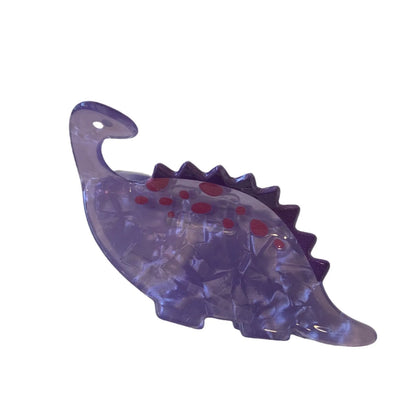 Acrylic dinosaur jaw clip hairpin showing six colour variations: pink, green, purple, blue, brown