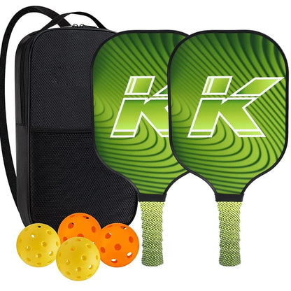 Peak Racket fibreglass squash set showing two rackets and four balls for complete playing equipment