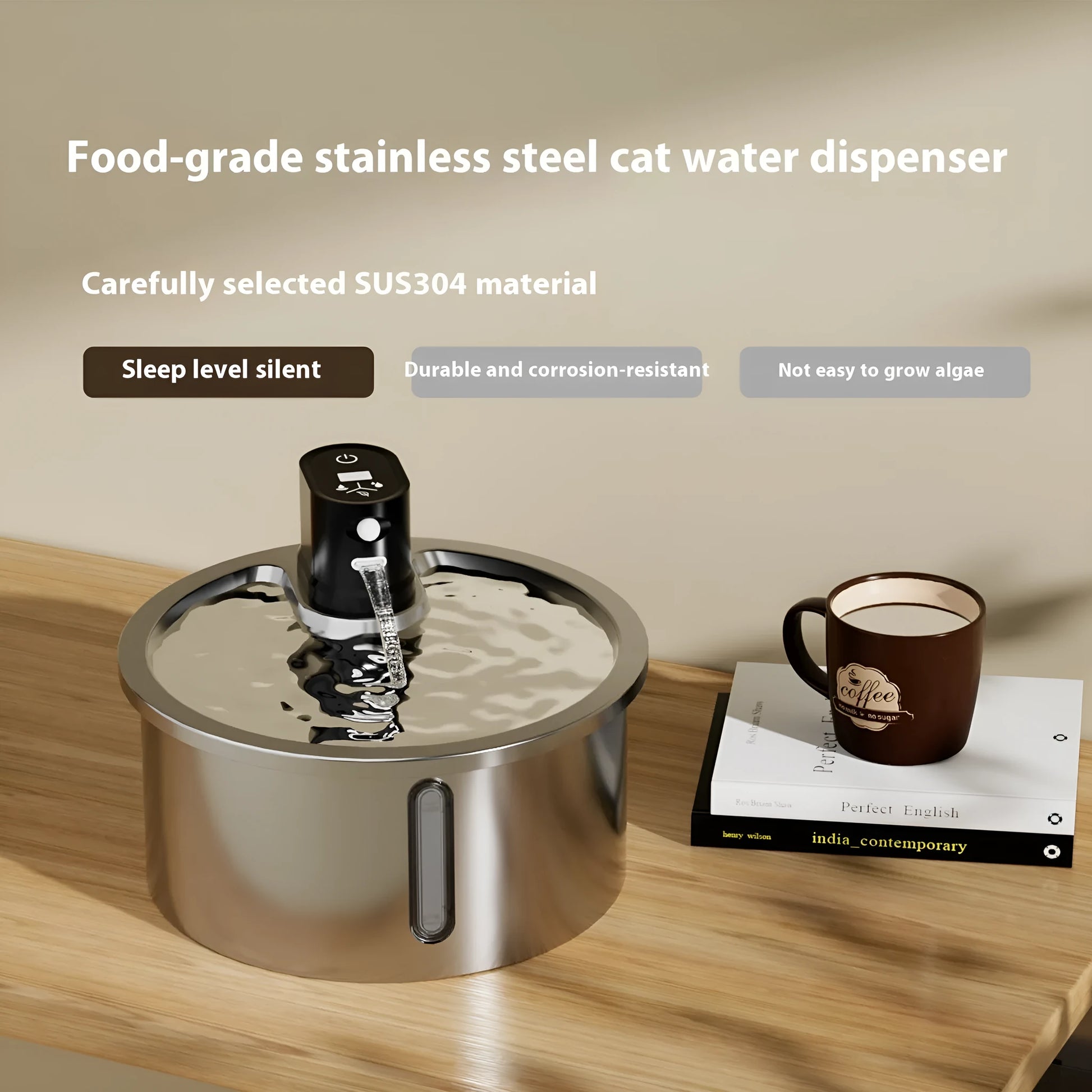 Stainless steel cat water fountain with constant temperature heating base in black or white colour options