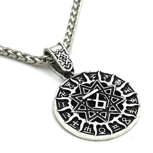 Lunavin ODing text logo pendant on an adjustable snake bones chain and leather rope in antique bronze finish.