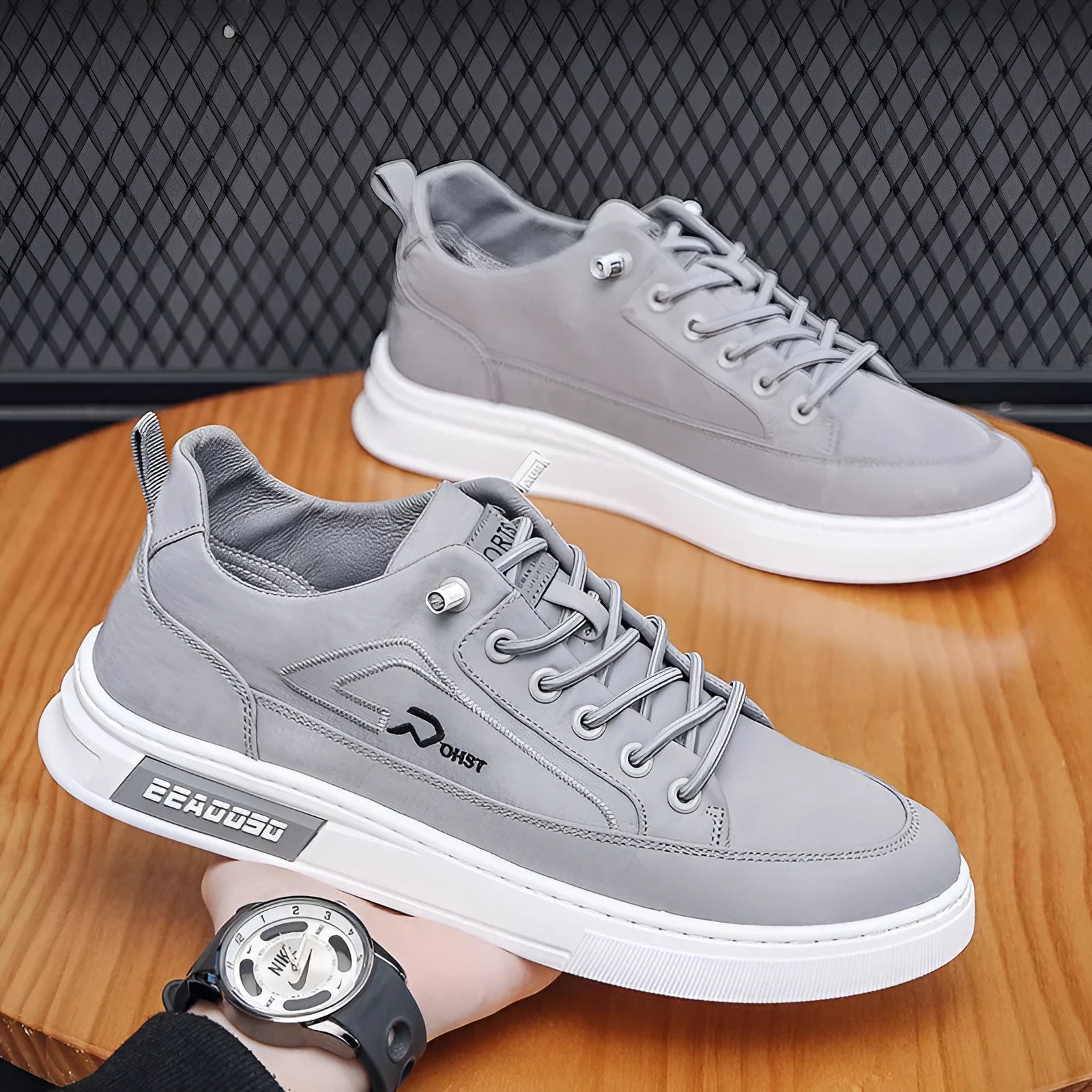 Grey men's low-top canvas casual trainers with lace-up front and round toe