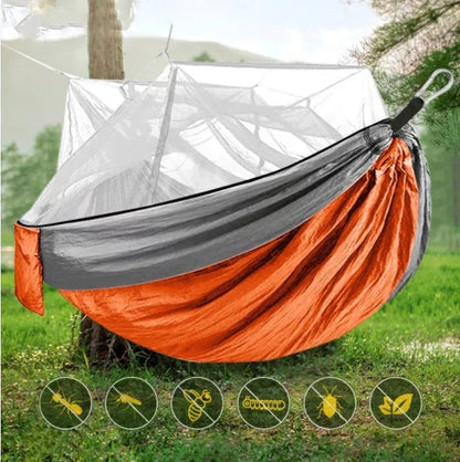 Outdoor mosquito net hammock in green, orange, blue, and blue gray options