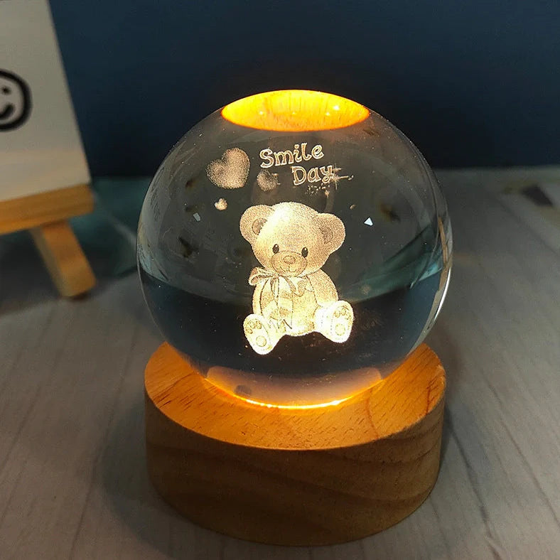 White crystal ball night light with USB plug showing uniform illumination and decorative design options