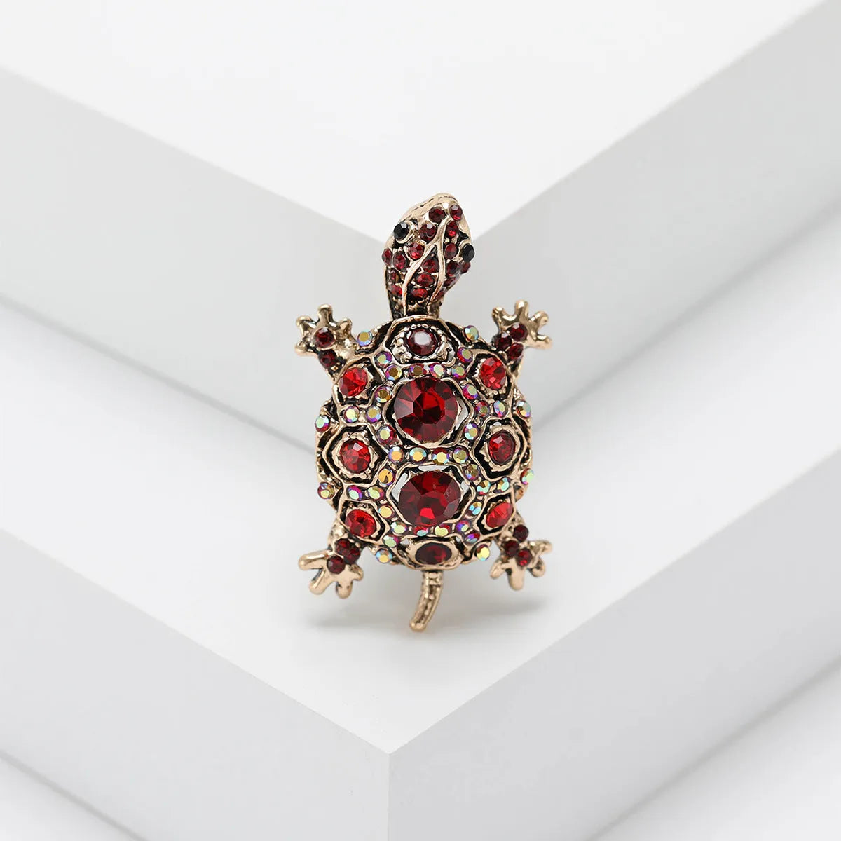 Retro rhinestone turtle brooch pin in blue green or red colours with animal modelling design