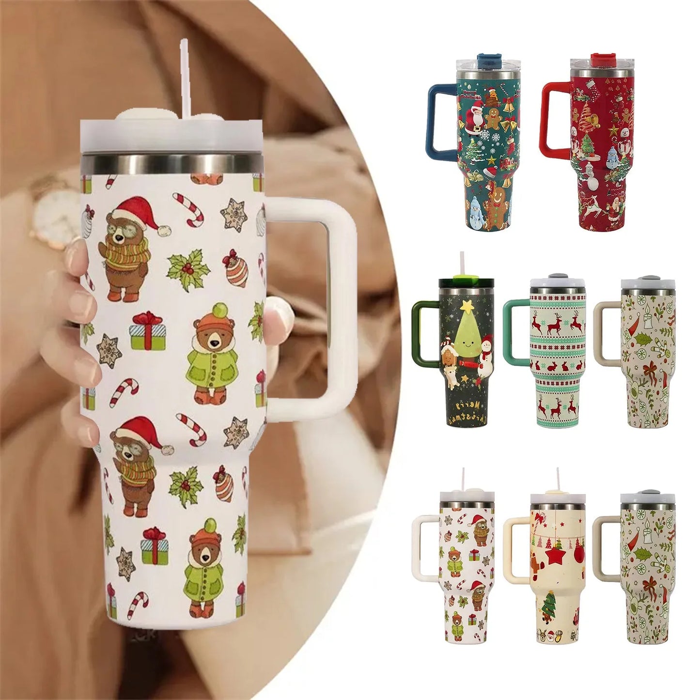 Stainless steel travel tumbler with handle, 1200ml capacity, Christmas pattern design, car cup holder compatible