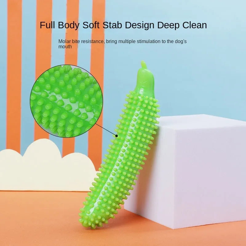 Green, pink, and purple cucumber-shaped durable dog chew toy for teething and training.