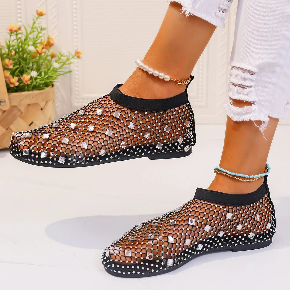 Women's flat sandals with mesh upper, colourful rhinestones, and rubber sole in sizes 35-43