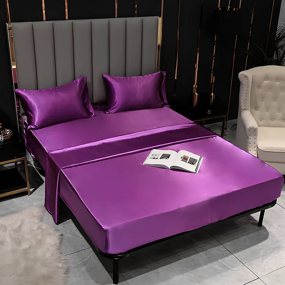 Artificial silk fitted bed sheet with elastic band in black, camel, red, sapphire or violet colours