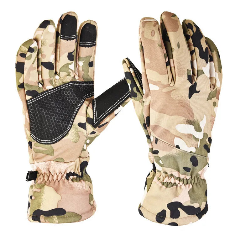 Camouflage ski gloves with touch screen fingertips and non-slip palm surface, shown in army green colour