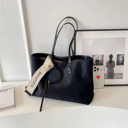 Large soft polyester casual tote shoulder bag in a horizontal square shape with sandwich pockets.