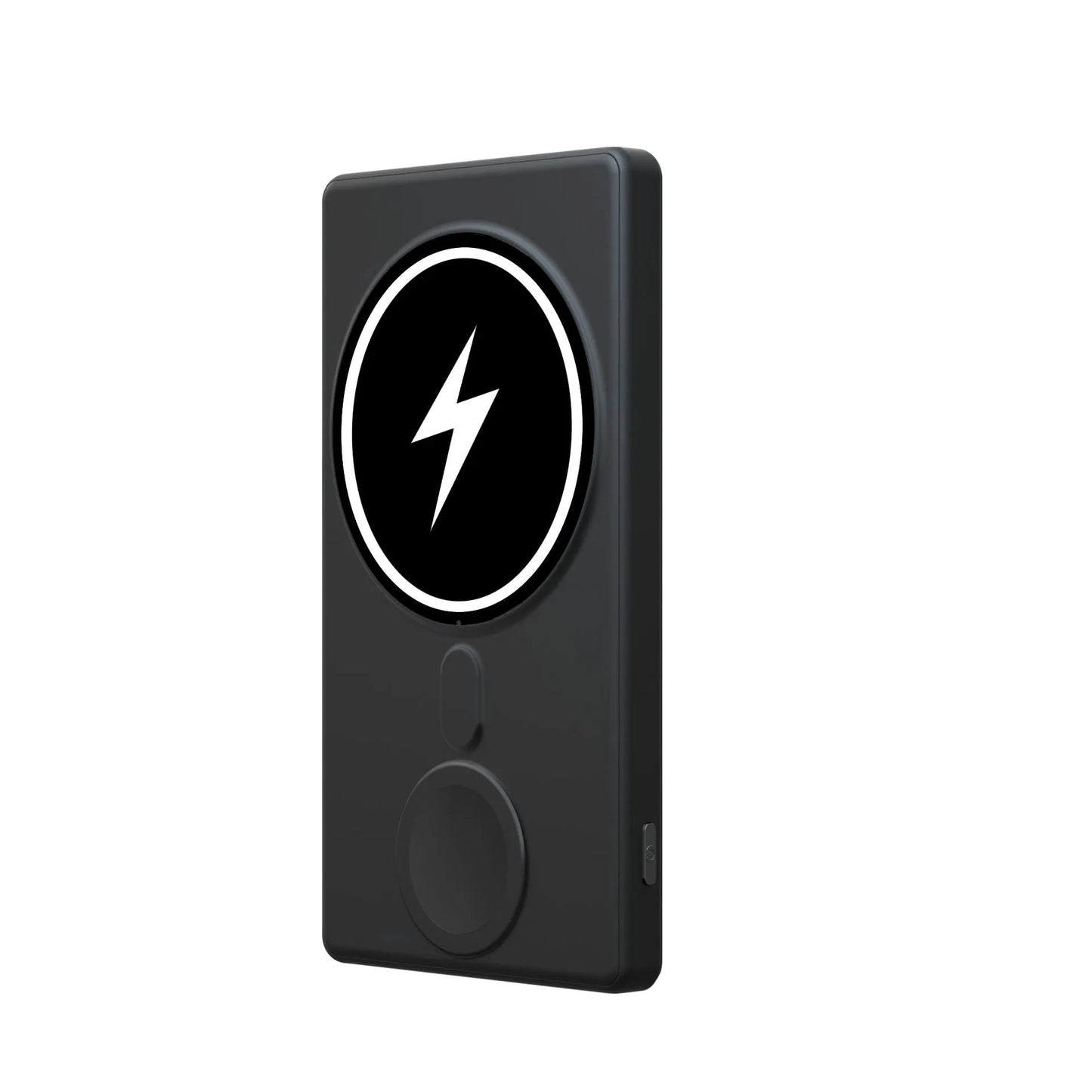 Square aluminium wireless charging power bank showing front and side views with 5000mAh capacity label