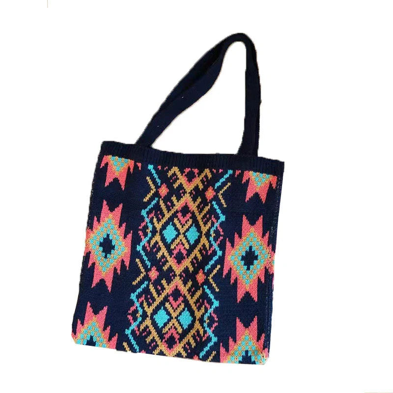 Classic Ethnic-Inspired Woven Bag in Apricot and Dark Blue Colors, Featuring a Sleek Square Shape and Open Pocket Design