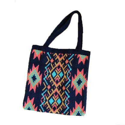 Classic Ethnic-Inspired Woven Bag in Apricot and Dark Blue Colors, Featuring a Sleek Square Shape and Open Pocket Design