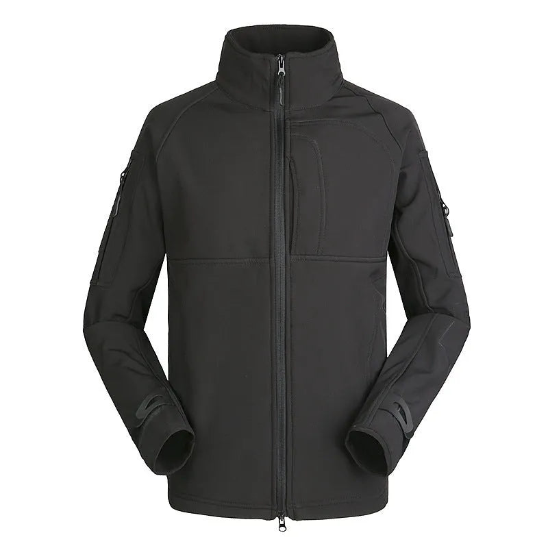 Men's thin commander stand collar outdoor jacket in green camouflage, shown unzipped.