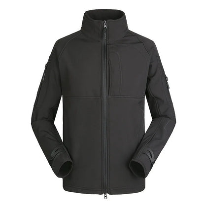 Men's thin commander stand collar outdoor jacket in green camouflage, shown unzipped.